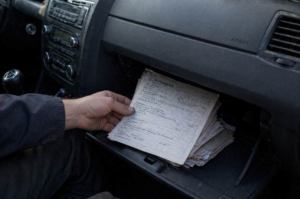 Een vergeten dagelijks bouwverslag in het handschoenenkastje van de bestelwagen