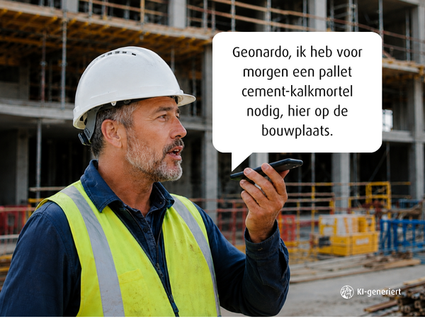 Bouwvakker met helm en veiligheidsvest spreekt op een bouwplaats in zijn smartphone. In de tekstballon staat: „Geonardo, ik heb voor morgen een pallet cement-kalkmortel nodig, hier op de bouwplaats.“