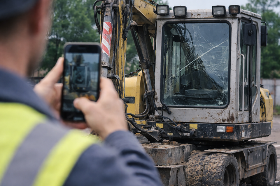 Werknemer maakt foto van de schade aan de graafmachine