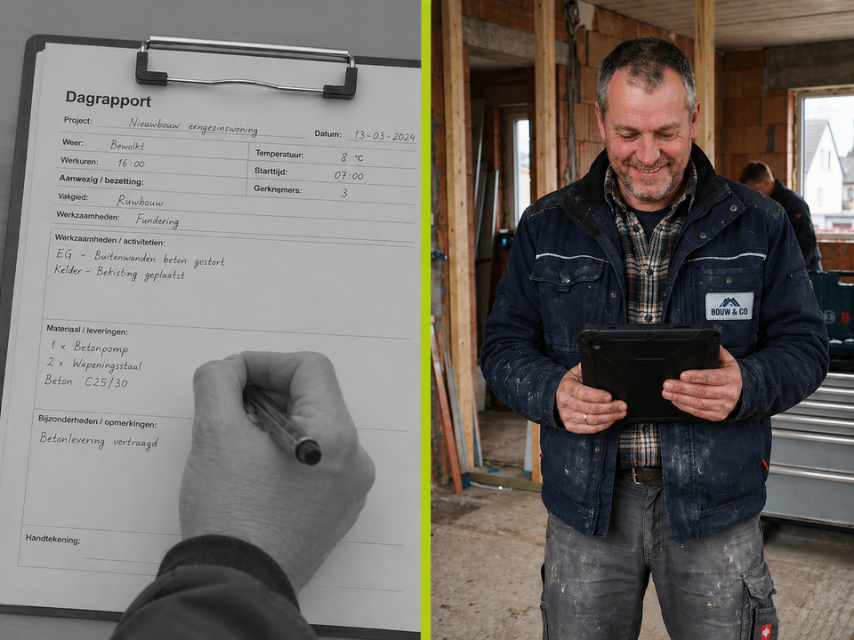Vergleichsbild: links ein handschriftlicher Tagesrapport auf Papier, rechts ein Handwerker auf einer Baustelle, der ein Tablet nutzt – symbolisiert den Wechsel von analoger zu digitaler Dokumentation.