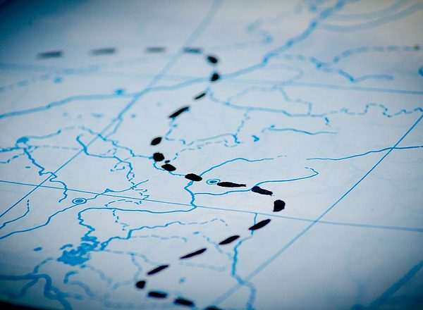 Gedeelte van een kaart met gemarkeerde route