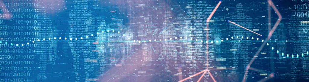 Visualisatie van een digitale wereldkaart met binaire codes, gegevenspunten en lijnen die wereldwijde netwerken en gegevensstromen symboliseren.