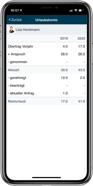 Anzeige des Urlaubskonto in der geoCapture App