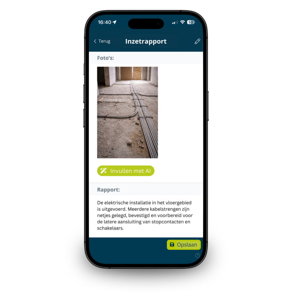 Mobile App für digitalen Einsatzbericht mit Baustellenfoto, automatisch ausgefülltem Bericht und KI-Unterstützung