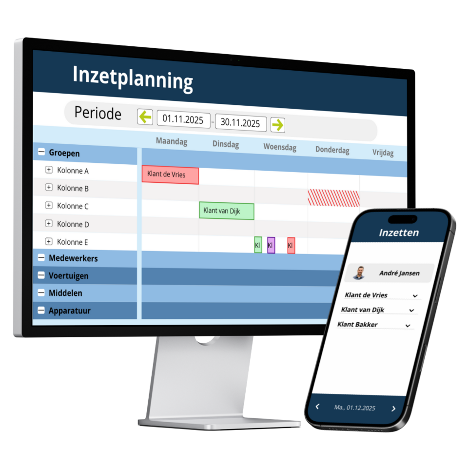 Digitale Einsatzplanung mit Mitarbeiter- und Ressourcenübersicht in Web- und App-Ansicht