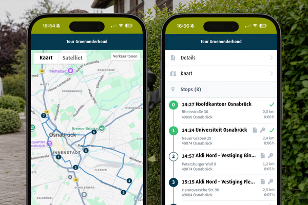 Twee smartphones tonen een „Tour Groenonderhoud“ in Osnabrück: links de route op een kaart, rechts een lijst met geplande stops, tijden, adressen en afstanden.
