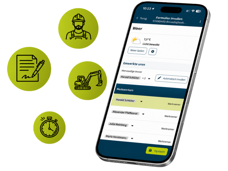 Smartphone mit Formular zur Baustellendokumentation (Wetter, Arbeitsstunden, Mitarbeiter). Daneben Icons für Mitarbeiter, Formulare, Maschinen und Zeit, die die erfassten Bereiche symbolisieren