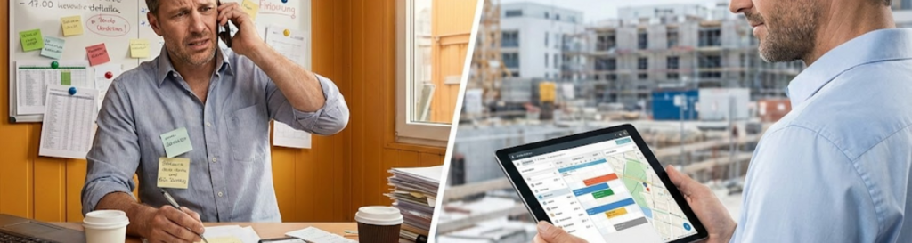 Digitale Baustellenorganisation: Bauleiter wechselt von Papierchaos im Büro zur mobilen Einsatzplanung auf der Baustelle