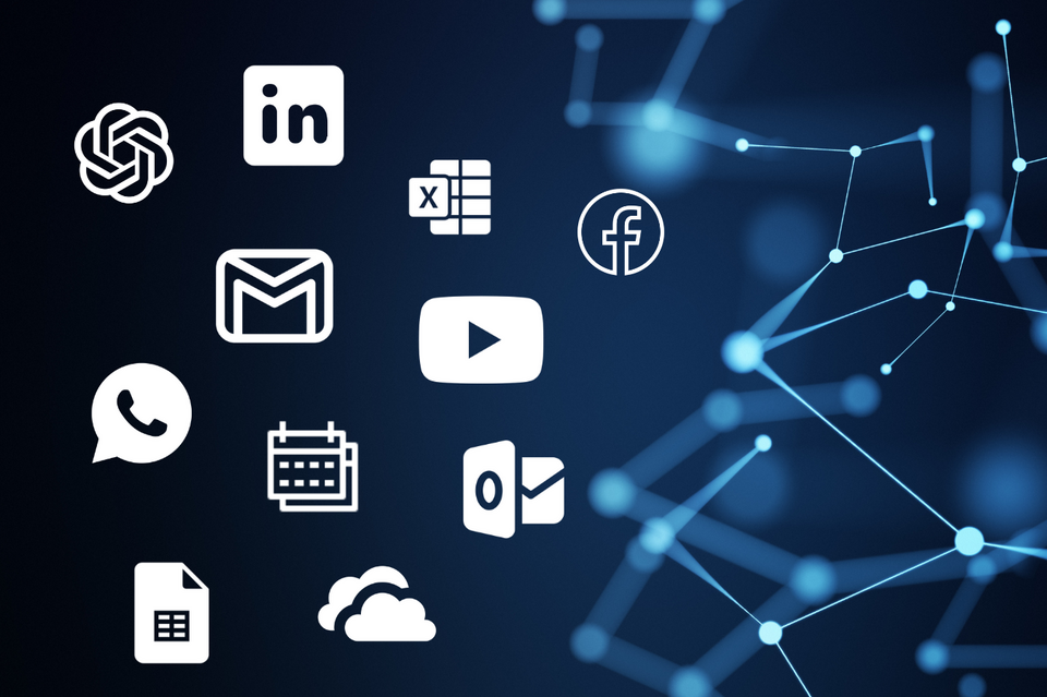 Weergave van verschillende digitale platforms zoals LinkedIn, Gmail, Excel, Facebook, WhatsApp en YouTube voor een abstracte netwerkachtergrond - symbolisch beeld voor de naadloze integratie van externe toepassingen via geoCapture-Zapier-interfaces.
