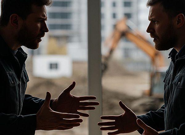 Twee mannen in werkkleding hebben ruzie met elkaar