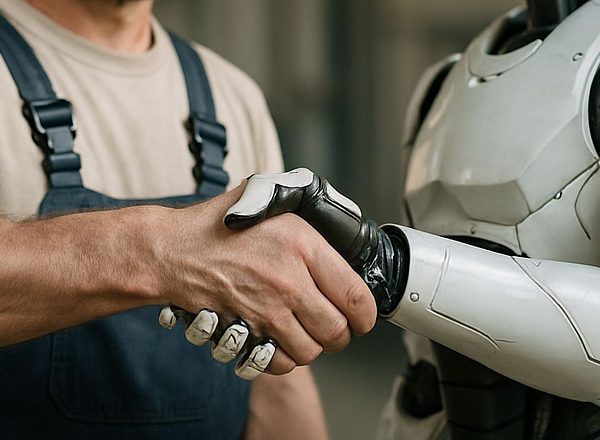 Een mens in werkkleding schudt de hand van een robot