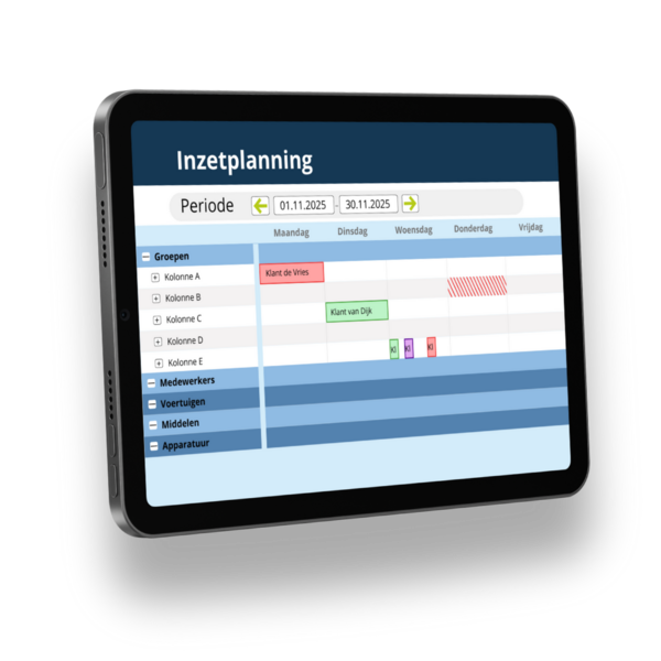 Digitale Einsatzplanung mit Wochenübersicht für Mitarbeiter, Fahrzeuge und Geräte
