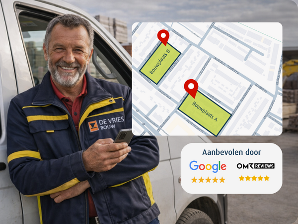 Bouwvakker met smartphone naast bedrijfswagen die GPS-voertuigtracking gebruikt, met live overzicht van voertuigen en bouwplaatsen op de kaart.