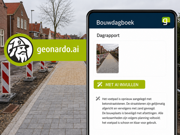 Smartphone zeigt eine Bau-Tagebuch-App („Bouwdagboek“) mit Tagesbericht und Baustellenfoto; daneben das Logo ‚geonardo.ai‘ und ein Button ‚Met AI invullen‘ für KI-gestütztes Ausfüllen.