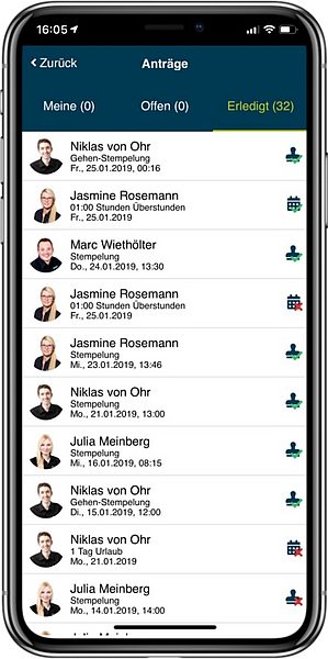 Smartphone App von geoCapture, Erledigte Anträge in der geoCapture App für Zeiterfassung