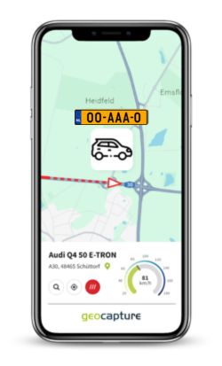 Smartphone mit geoCapture-App, Fahrzeug-Tracking und Standortanzeige auf einer Karte