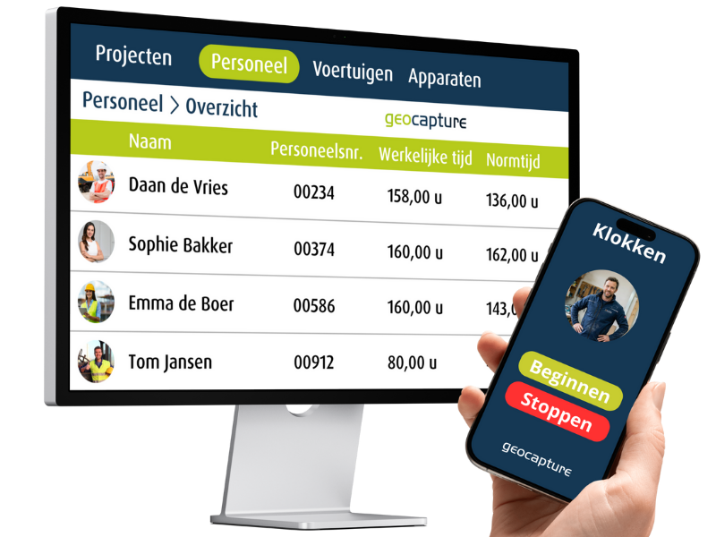 Zeiterfassung und Personalübersicht in einer Workforce-Management-Software: Desktop zeigt Mitarbeiterliste mit Soll- und Ist-Arbeitszeiten, Smartphone-App mit Stempelfunktion (Beginnen/Stoppen)