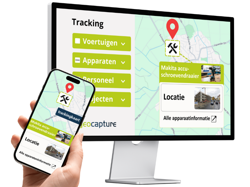 geoCapture Tracking-Ansicht mit Kartenübersicht zur Ortung von Geräten und Werkzeugen auf Smartphone und Desktop.